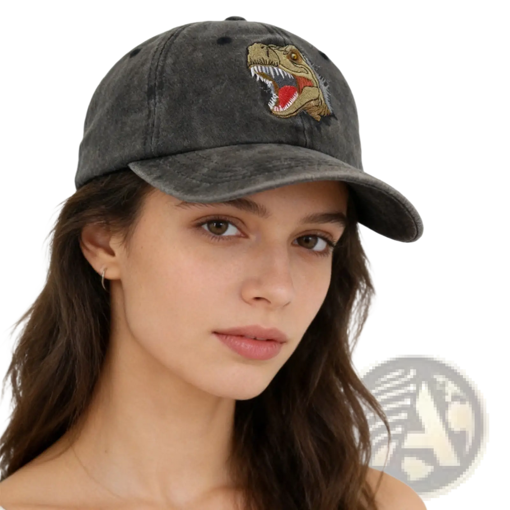 Dark gray distressed denim dinosaur baseball cap with a detailed embroidered t-rex head featuring red tongue and white teeth