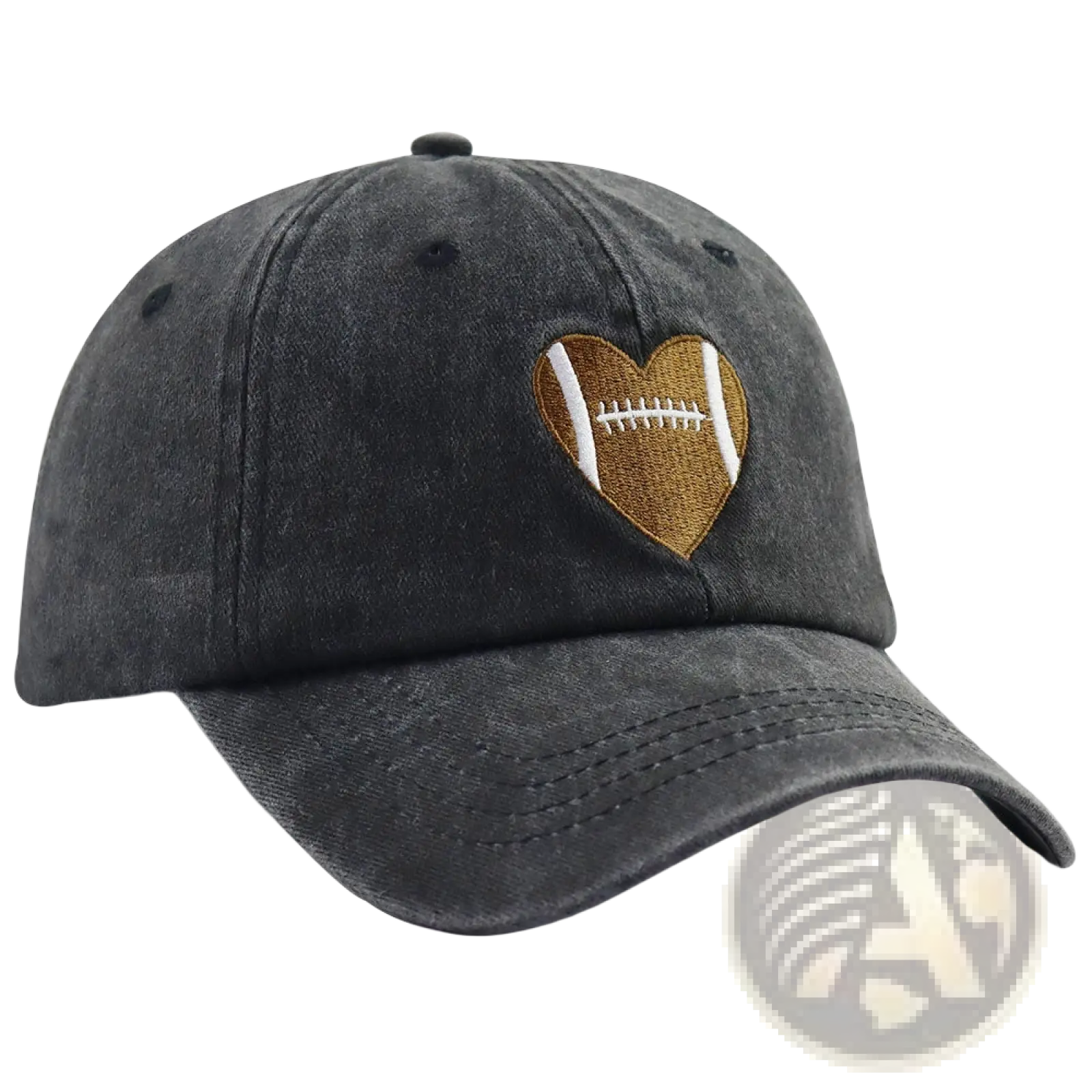 Dark gray distressed denim baseball cap featuring a heart-shaped embroidered football in gold and white thread