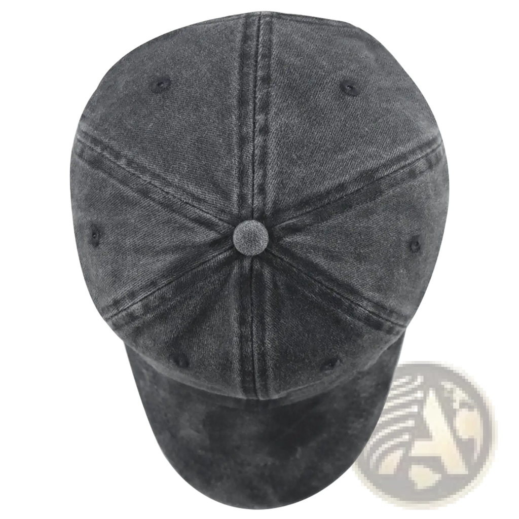 Dark gray distressed denim baseball cap with rounded crown and stitched panels for casual wear