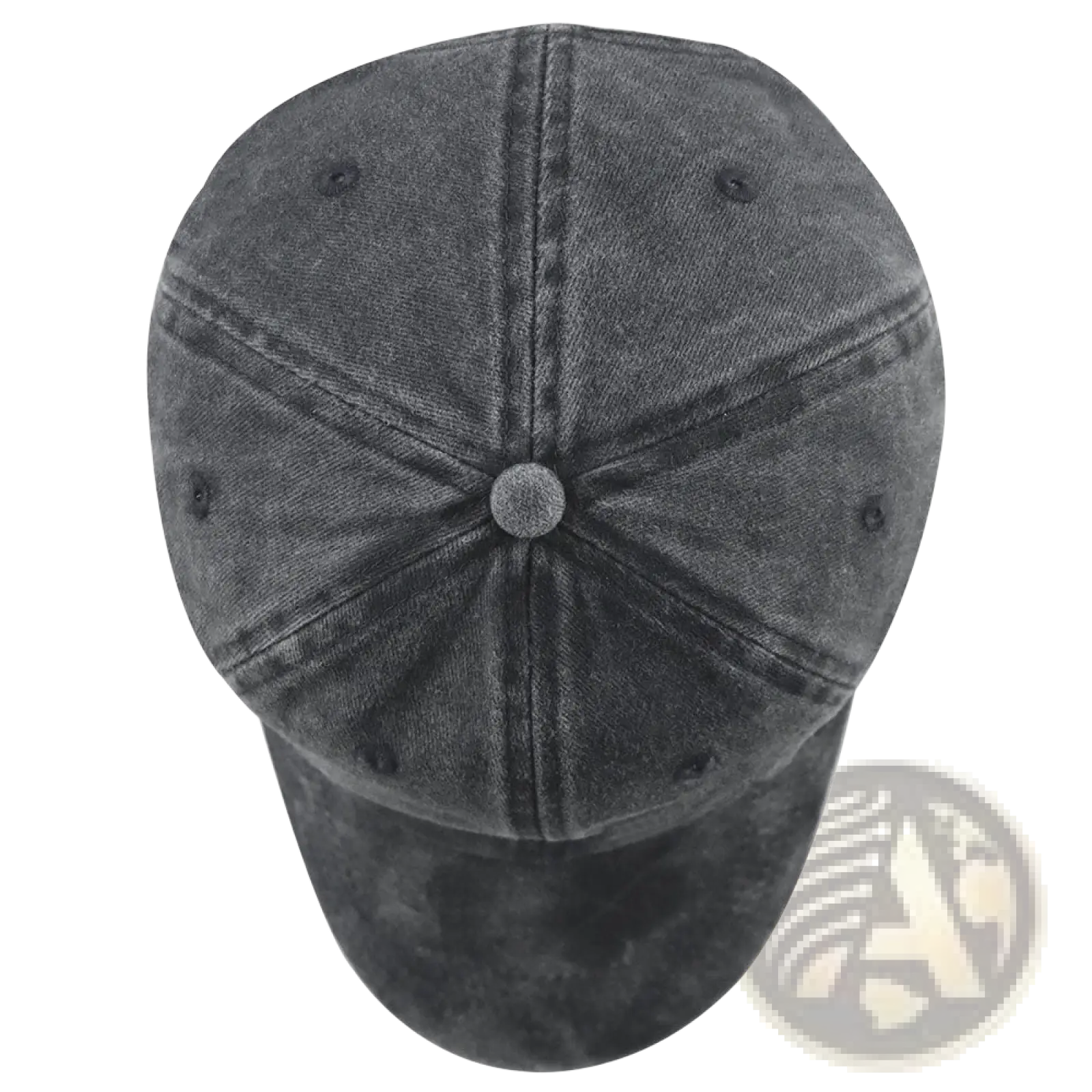 Dark gray distressed denim baseball cap with rounded crown and stitched panels for casual wear