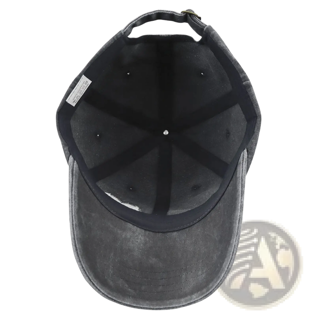 A dark gray distressed cotton baseball cap with a curved brim and adjustable strap for casual wear