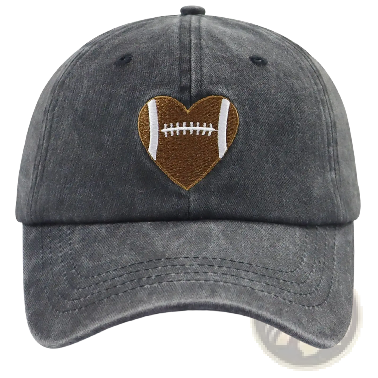 A dark gray distressed denim baseball cap with a heart-shaped football embroidered patch in brown and white stitching