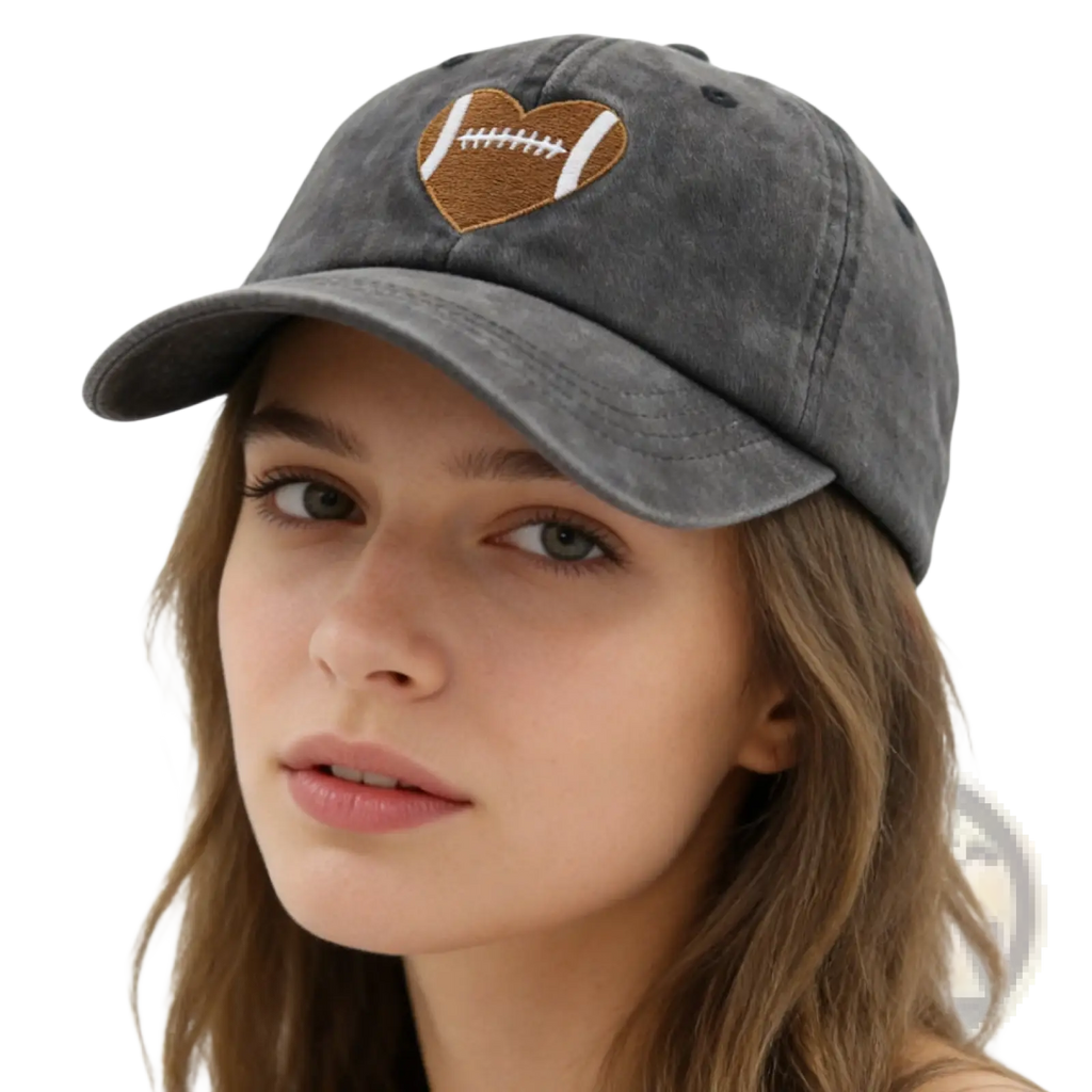 Distressed football heart denim baseball cap in gray with brown heart-shaped football embroidery and white stitching