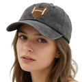 Distressed football heart denim baseball cap in gray with brown heart-shaped football embroidery and white stitching