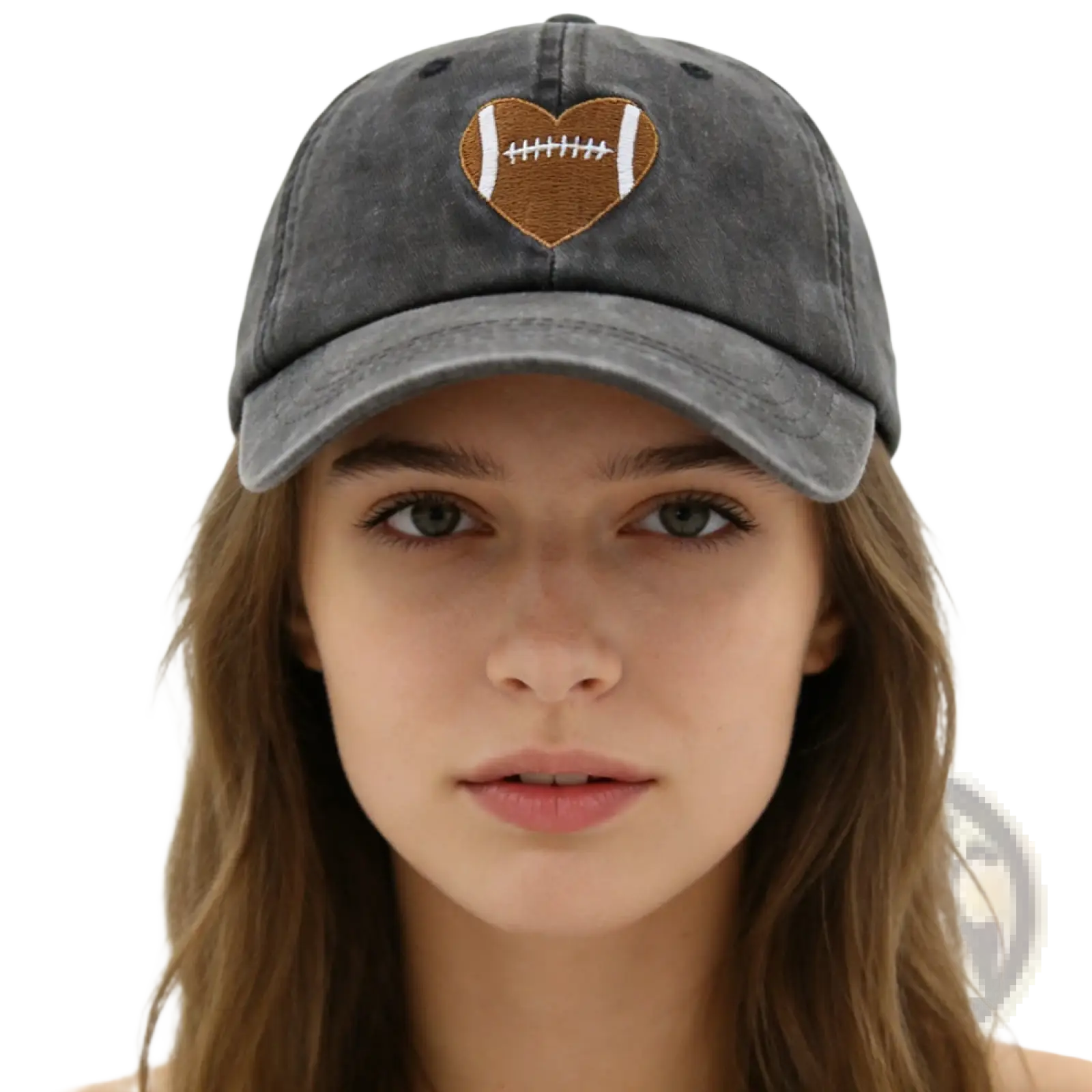 Distressed football heart denim baseball cap in faded gray with a brown and white embroidered heart-shaped football