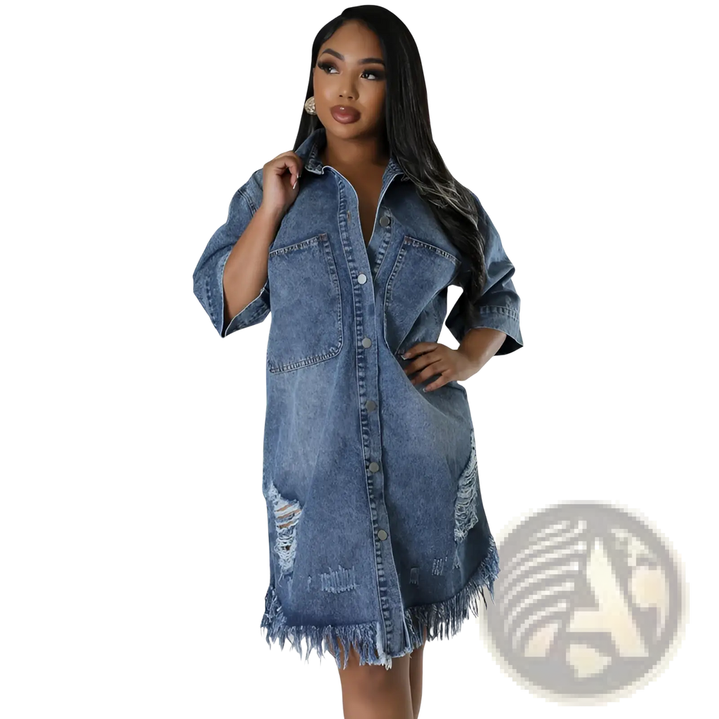 Denim midi shirt dress in blue featuring distressed details and a frayed hem for a casual stylish look