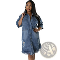 Denim midi shirt dress in blue featuring distressed details and a frayed hem for a casual stylish look