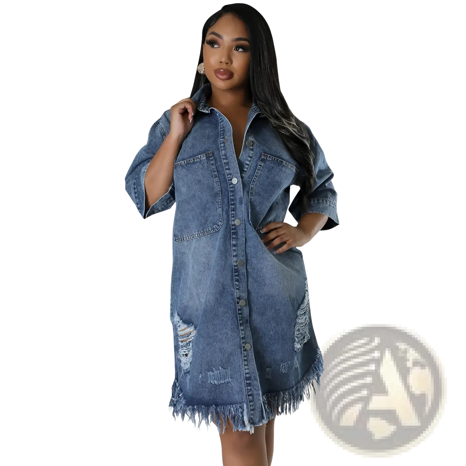 Denim midi shirt dress in blue featuring distressed details and a frayed hem for a casual stylish look