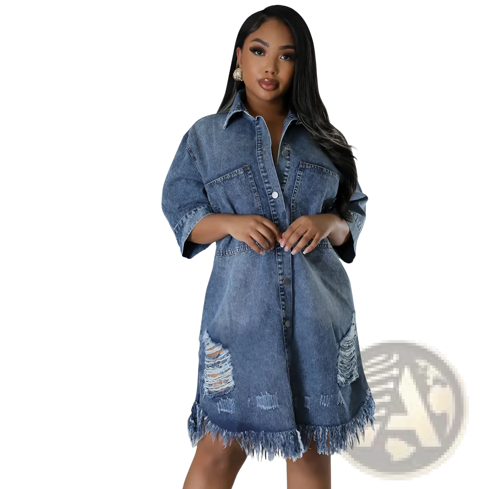 Distressed frayed hem denim midi shirt dress in faded blue wash with distressed knee patches and frayed hem