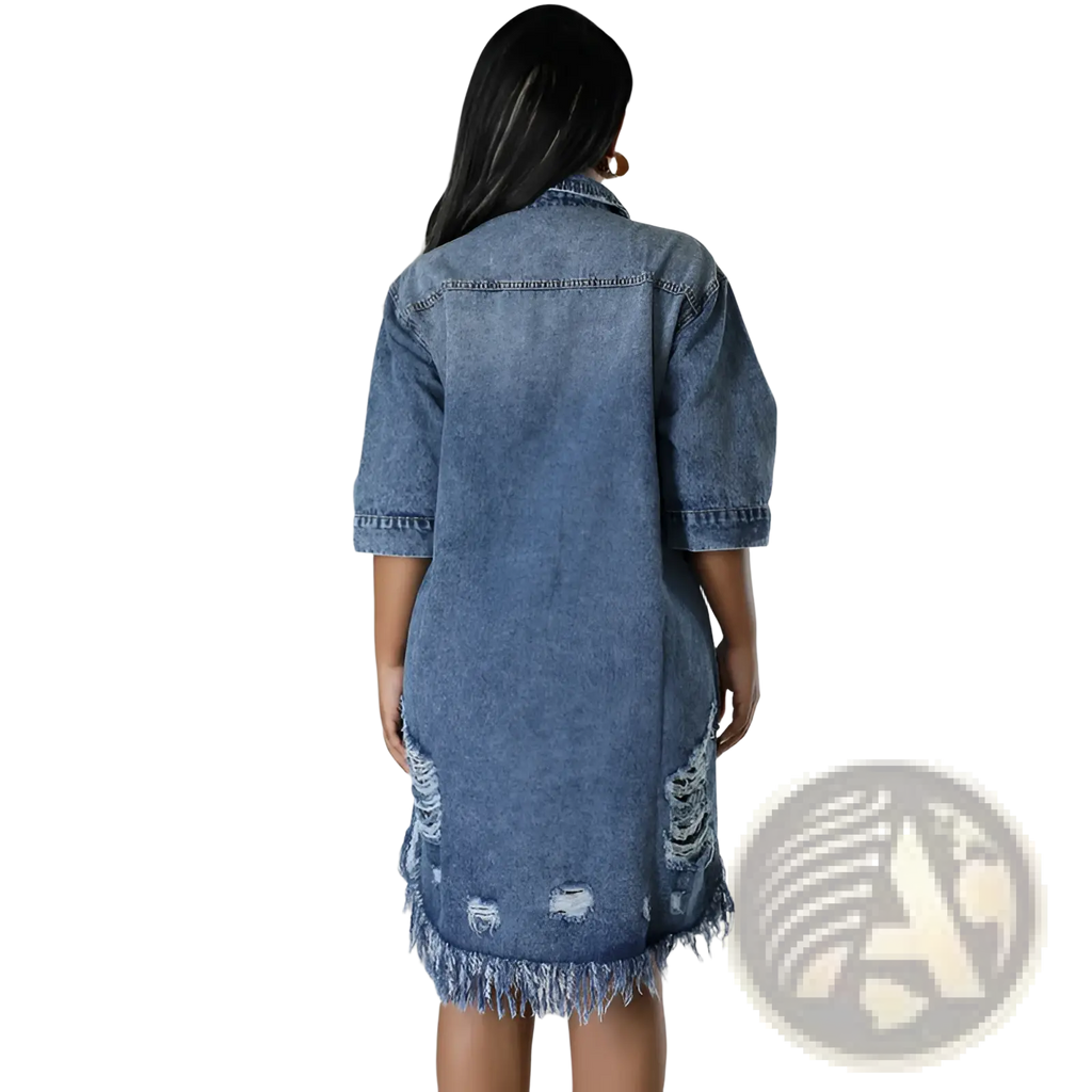 A medium-wash denim midi shirt dress with distressed frayed hem and side panels made of denim material