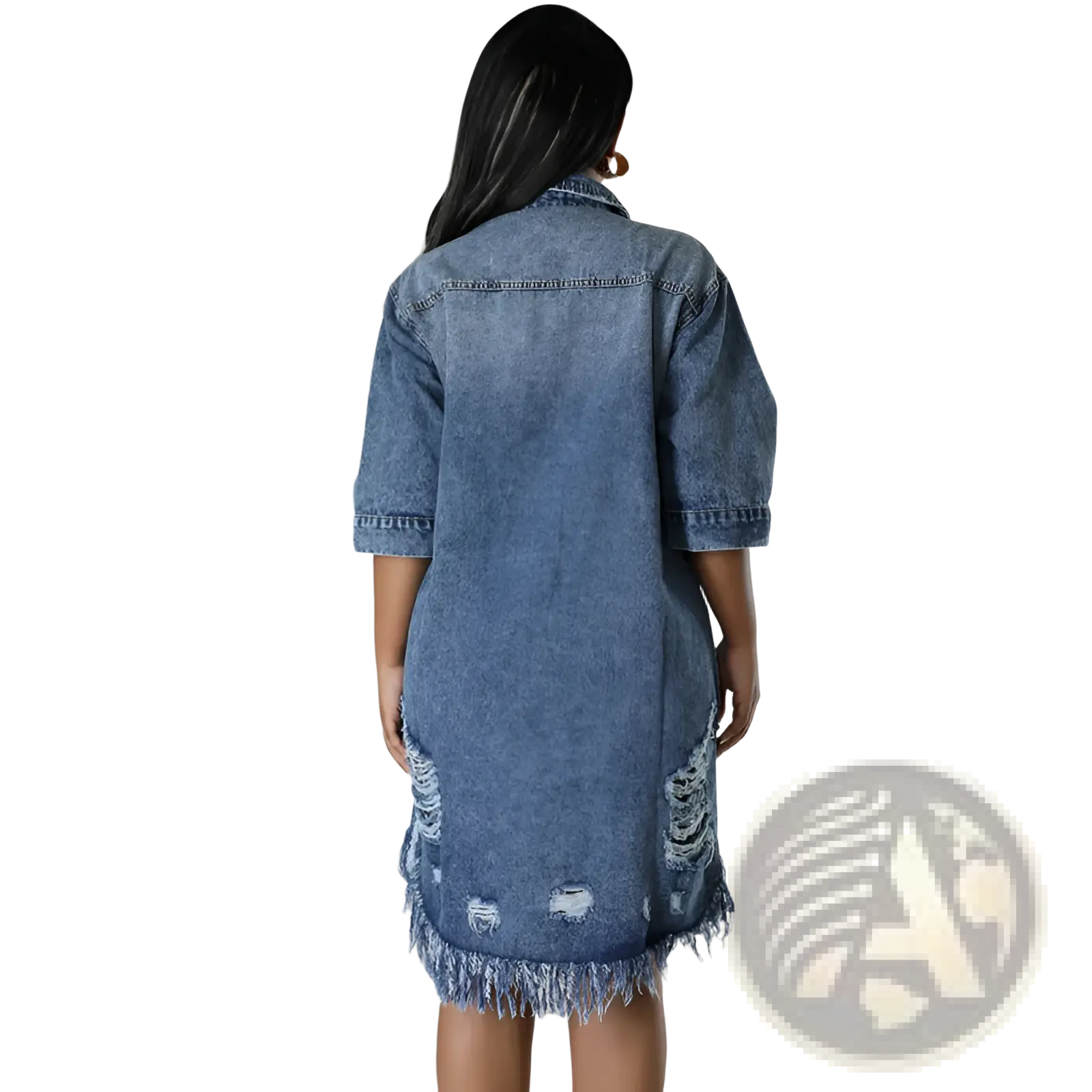 A medium-wash denim midi shirt dress with distressed frayed hem and side panels made of denim material
