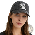 A dark gray distressed baseball cap with a white embroidered pitbull holding a yellow flower titled distressed French Bulldog baseball cap