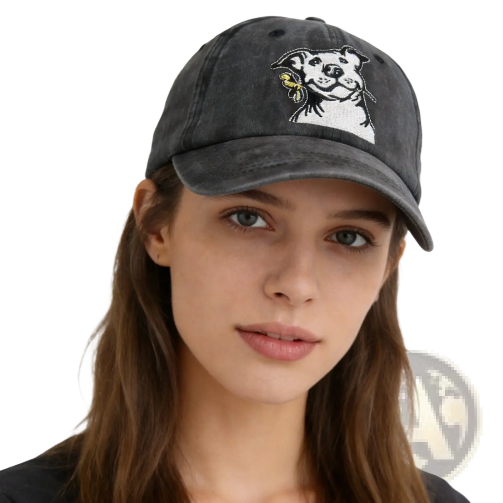 A dark gray distressed baseball cap with a white embroidered pitbull holding a yellow flower titled distressed French Bulldog baseball cap