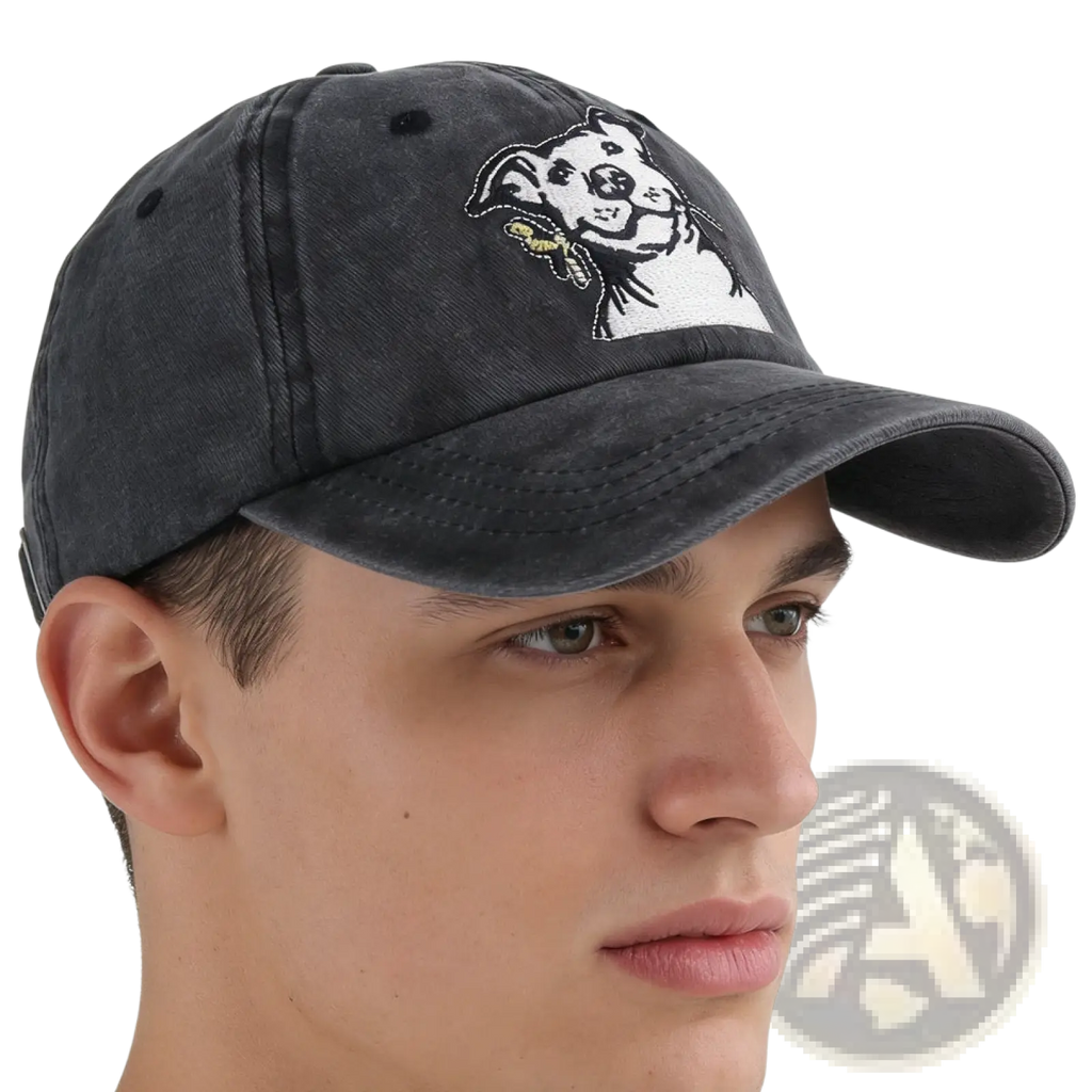 Dark gray distressed cotton baseball cap with white embroidered pitbull design and gold collar detailing