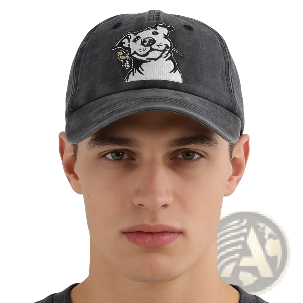Distressed french bulldog baseball cap in dark gray with white embroidered pitbull holding a yellow bone design