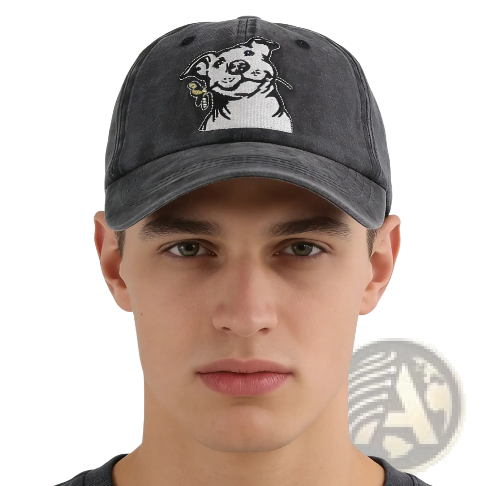 Distressed french bulldog baseball cap in dark gray with white embroidered pitbull holding a yellow bone design