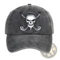 A dark gray distressed cotton baseball cap with a white embroidered skull and crossed golf clubs on the front