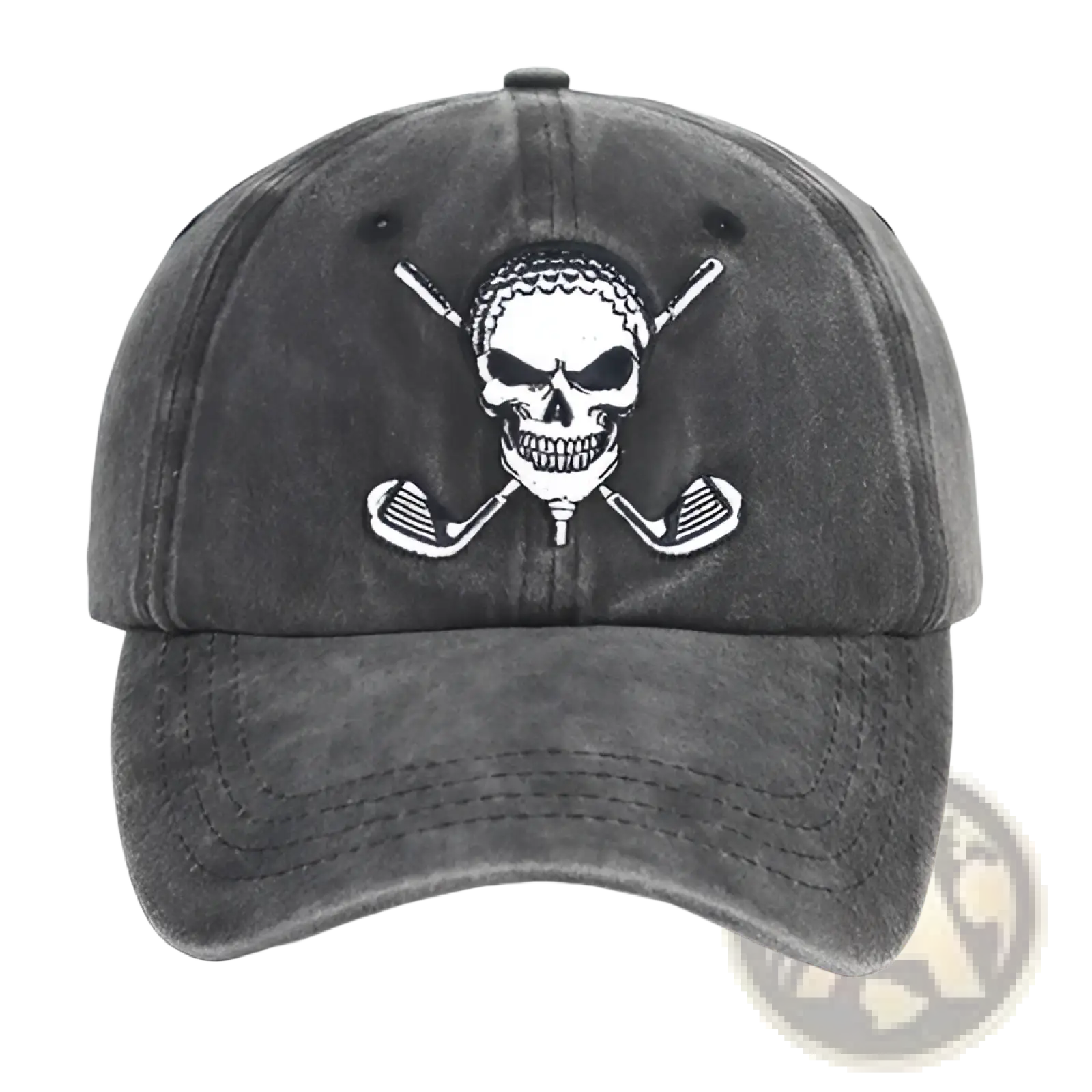 A dark gray distressed cotton baseball cap with a white embroidered skull and crossed golf clubs on the front