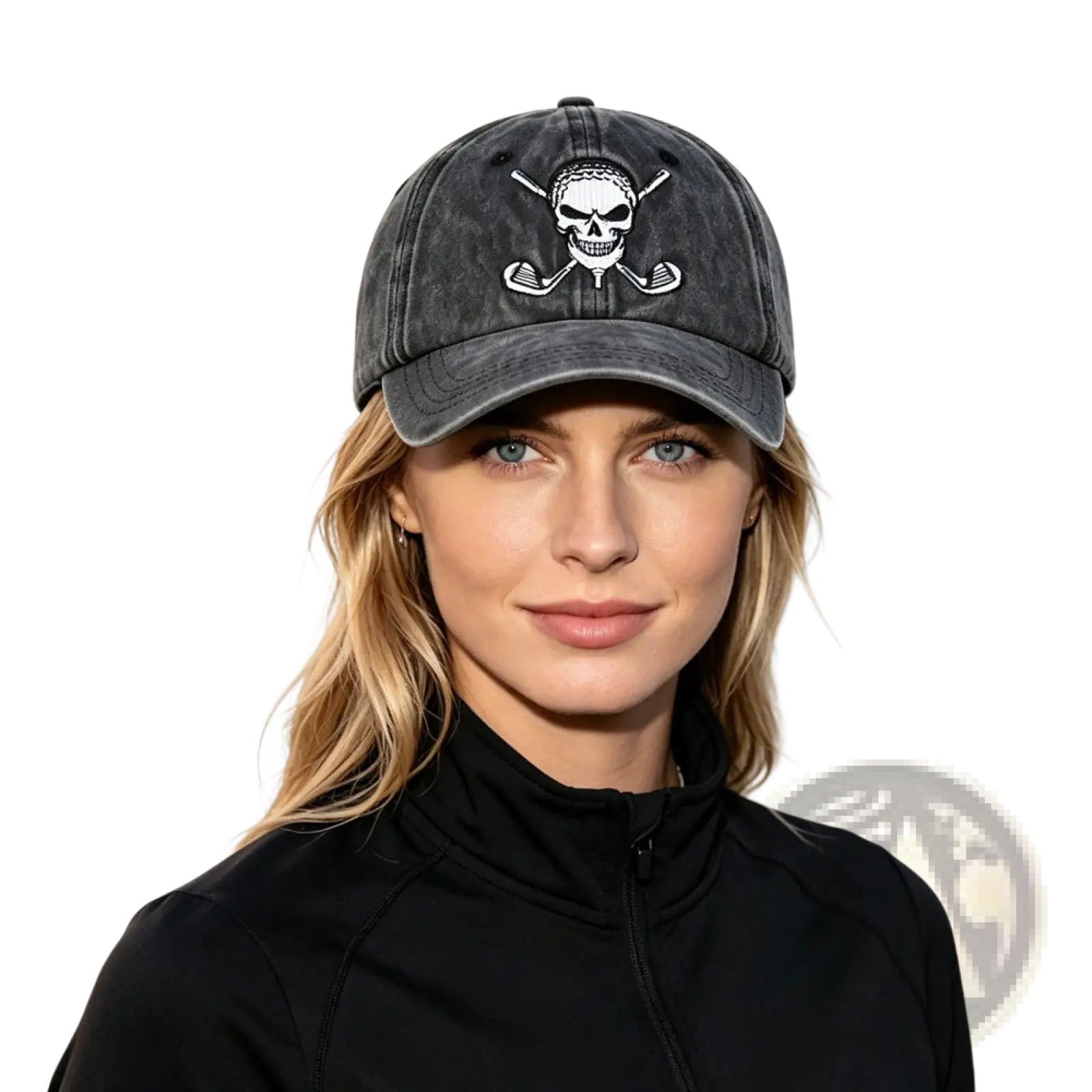 Dark gray distressed baseball cap with white embroidered skull and crossed golf clubs design vintage golf hat