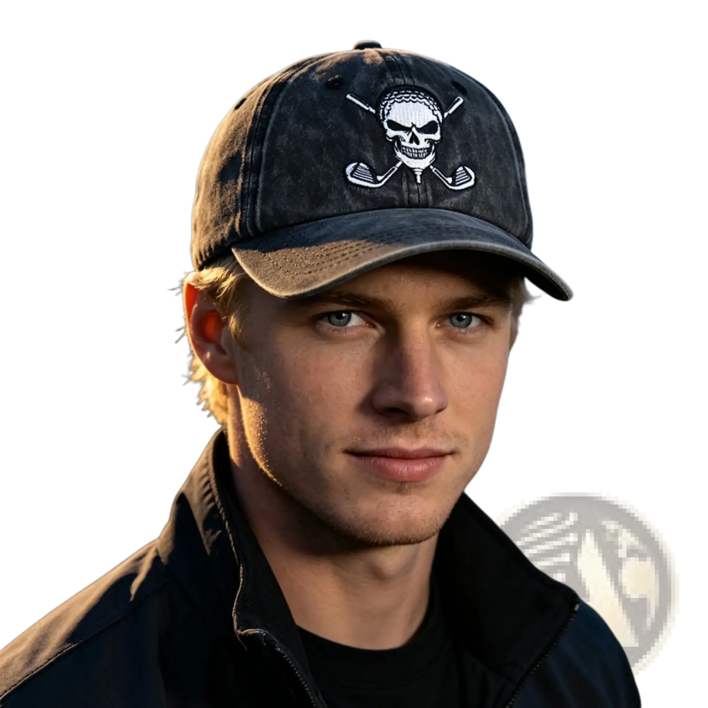 Dark gray distressed baseball cap with white embroidered skull and crossed golf clubs design vintage hat