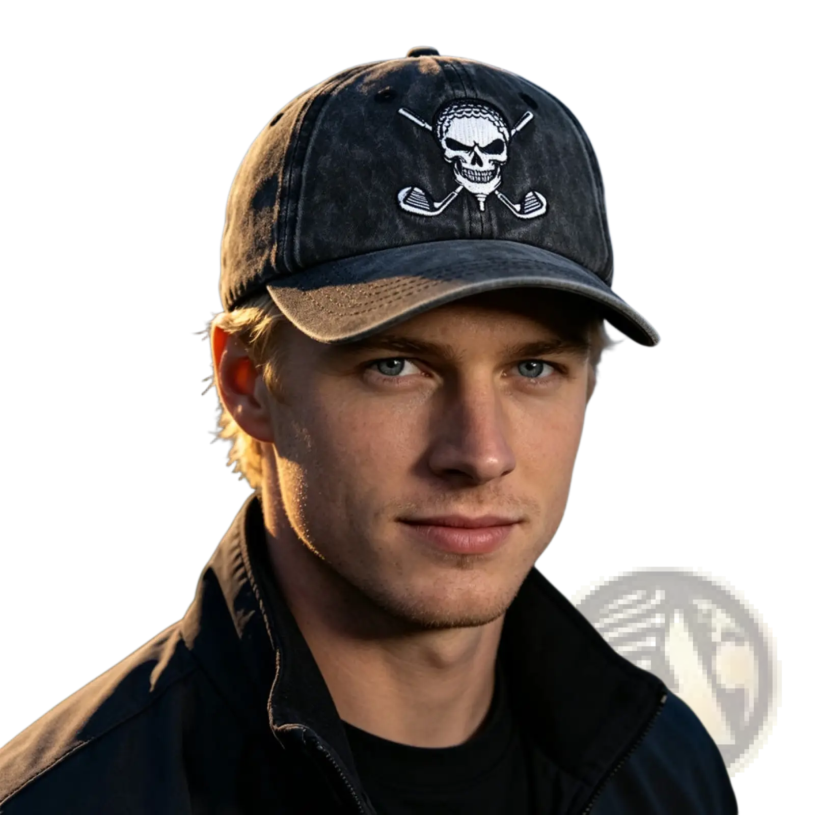 Dark gray distressed baseball cap with white embroidered skull and crossed golf clubs design vintage hat