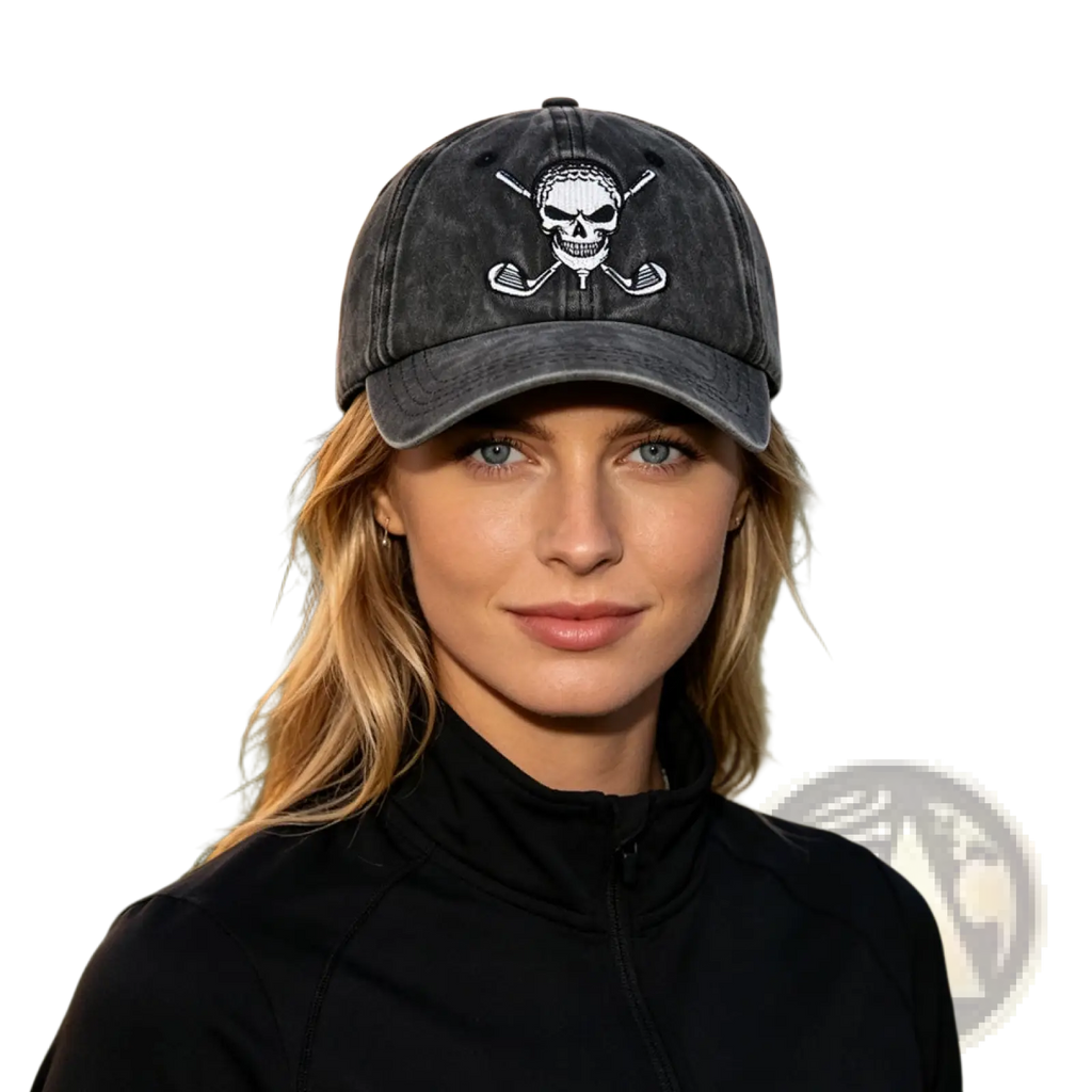 Dark gray distressed baseball cap with white embroidered skull and crossed golf clubs design vintage style