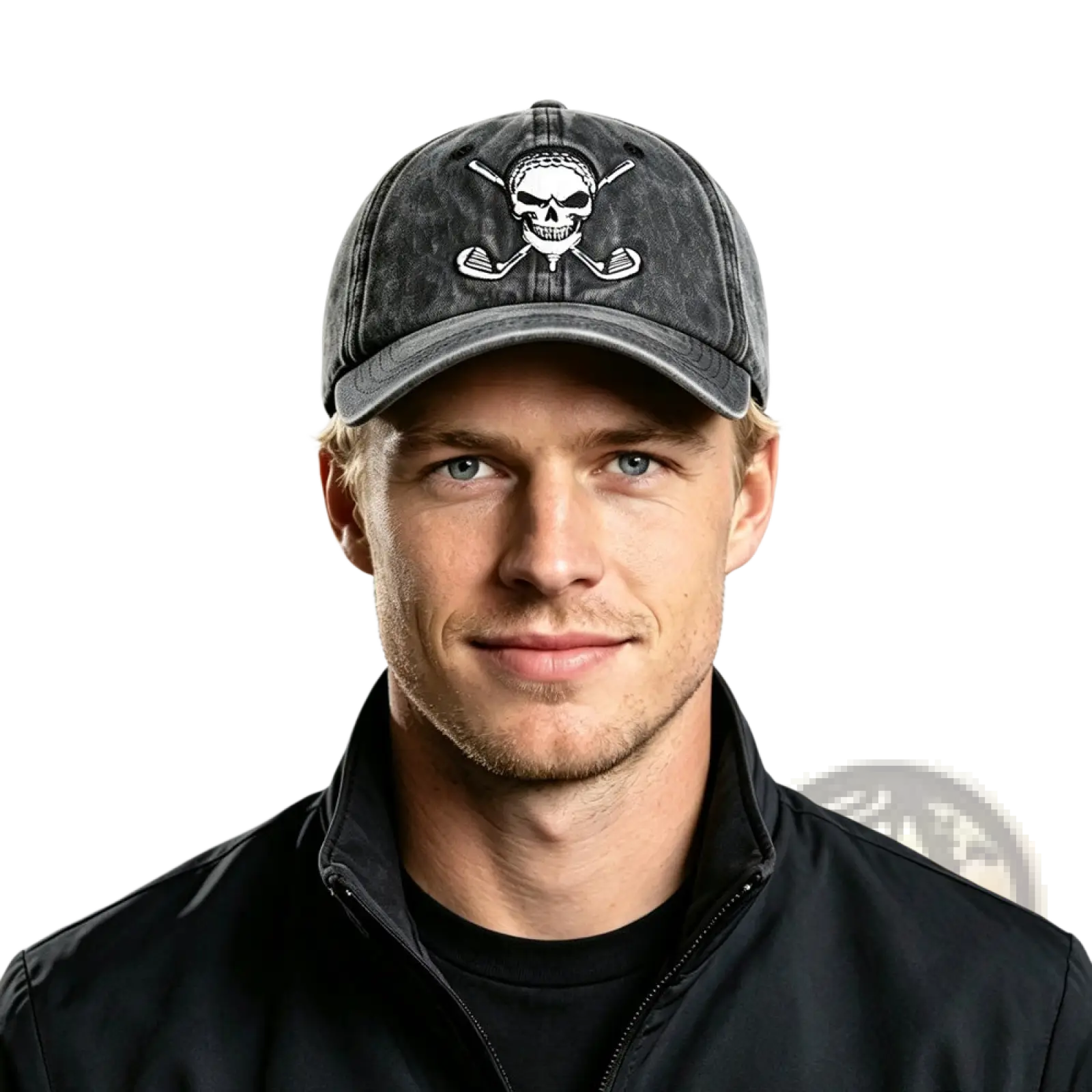 Distressed golf skull baseball cap in dark gray featuring a white embroidered skull with crossed golf clubs design