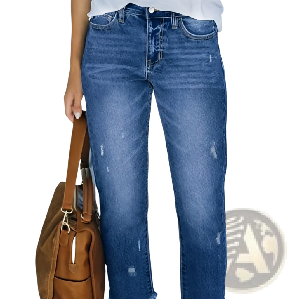 Distressed gray ripped straight jeans in blue denim with a slightly faded wash and subtle distressing details