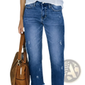 Distressed gray ripped straight jeans in blue denim with a slightly faded wash and subtle distressing details