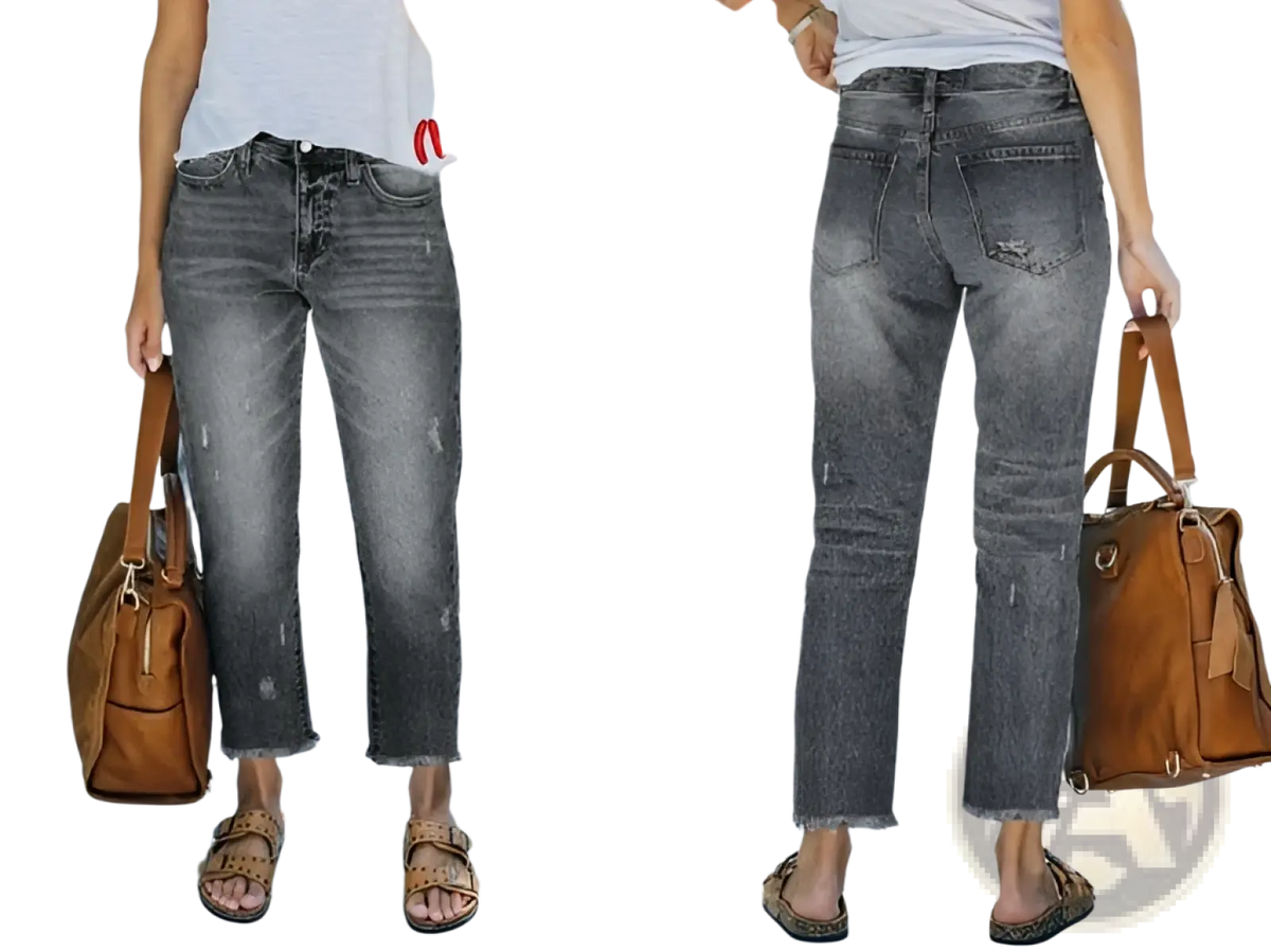 Distressed gray ripped straight jeans made of denim with a cropped frayed hem and subtle fading on the front side