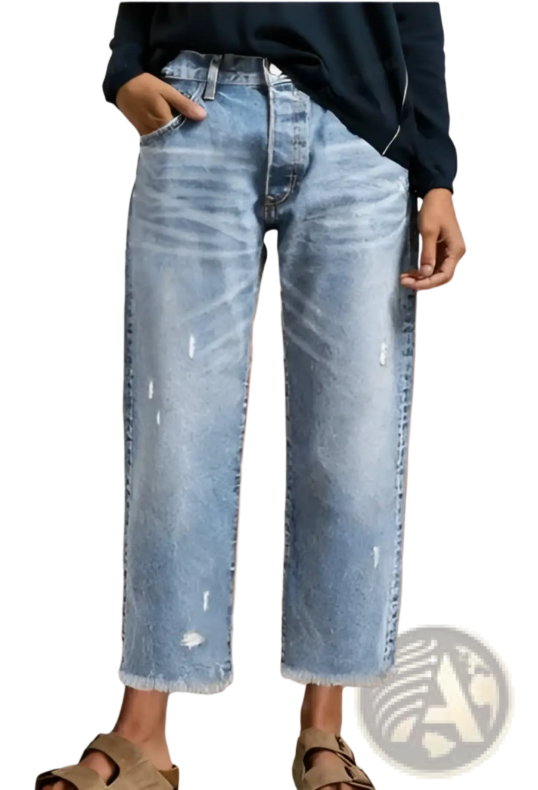 Distressed gray ripped straight jeans made of light-wash denim with a relaxed wide-leg cut and frayed hems