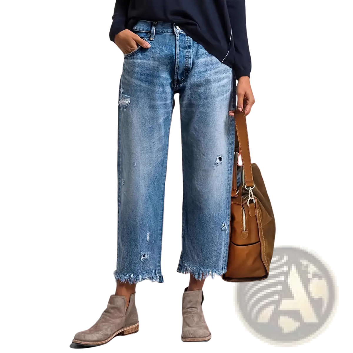 Wide-leg medium-wash blue denim jeans with distressed patches and frayed hems called distressed gray ripped straight jeans