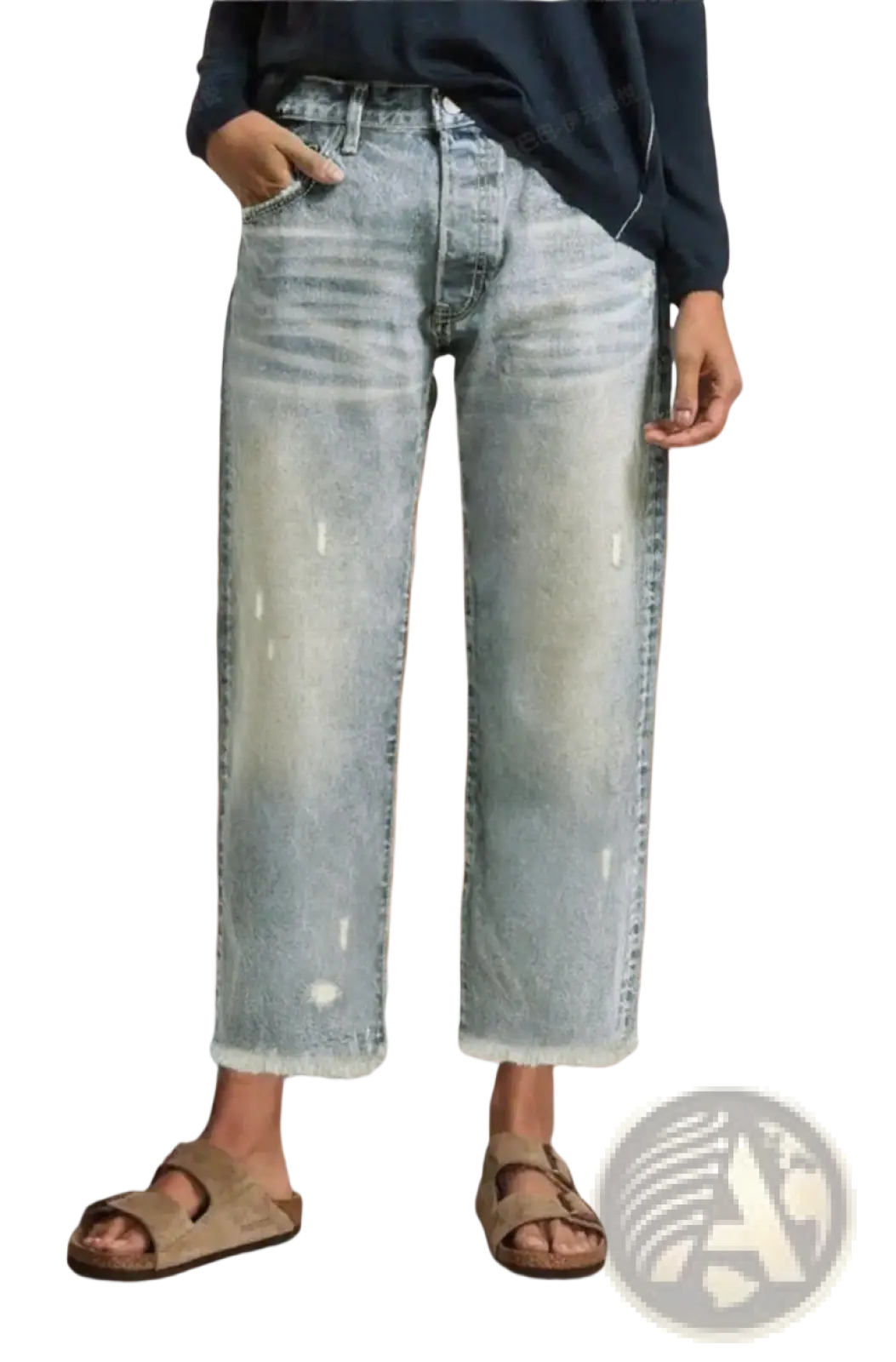 Distressed gray ripped straight jeans in light-wash denim with subtle fading and frayed hem detailing