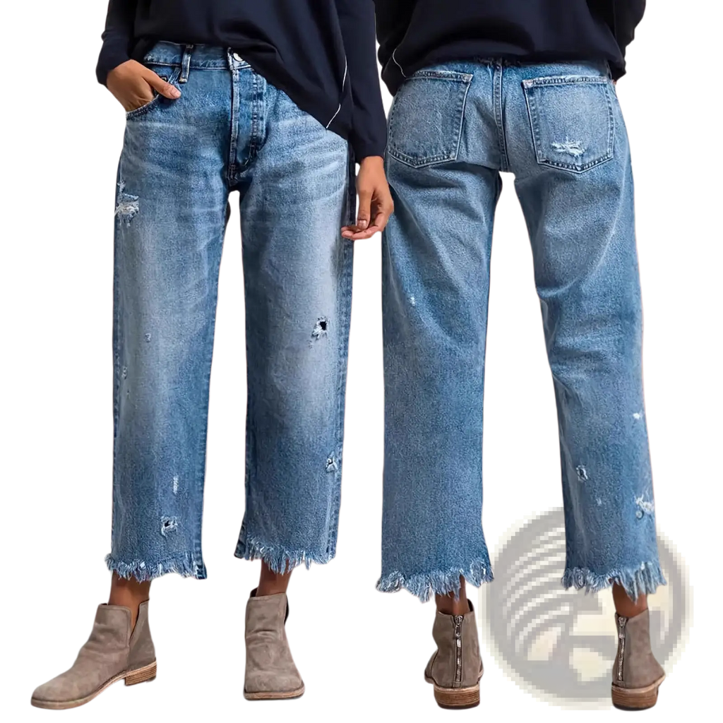 Distressed gray ripped straight jeans in blue denim with distressed patches and frayed hems for casual wear