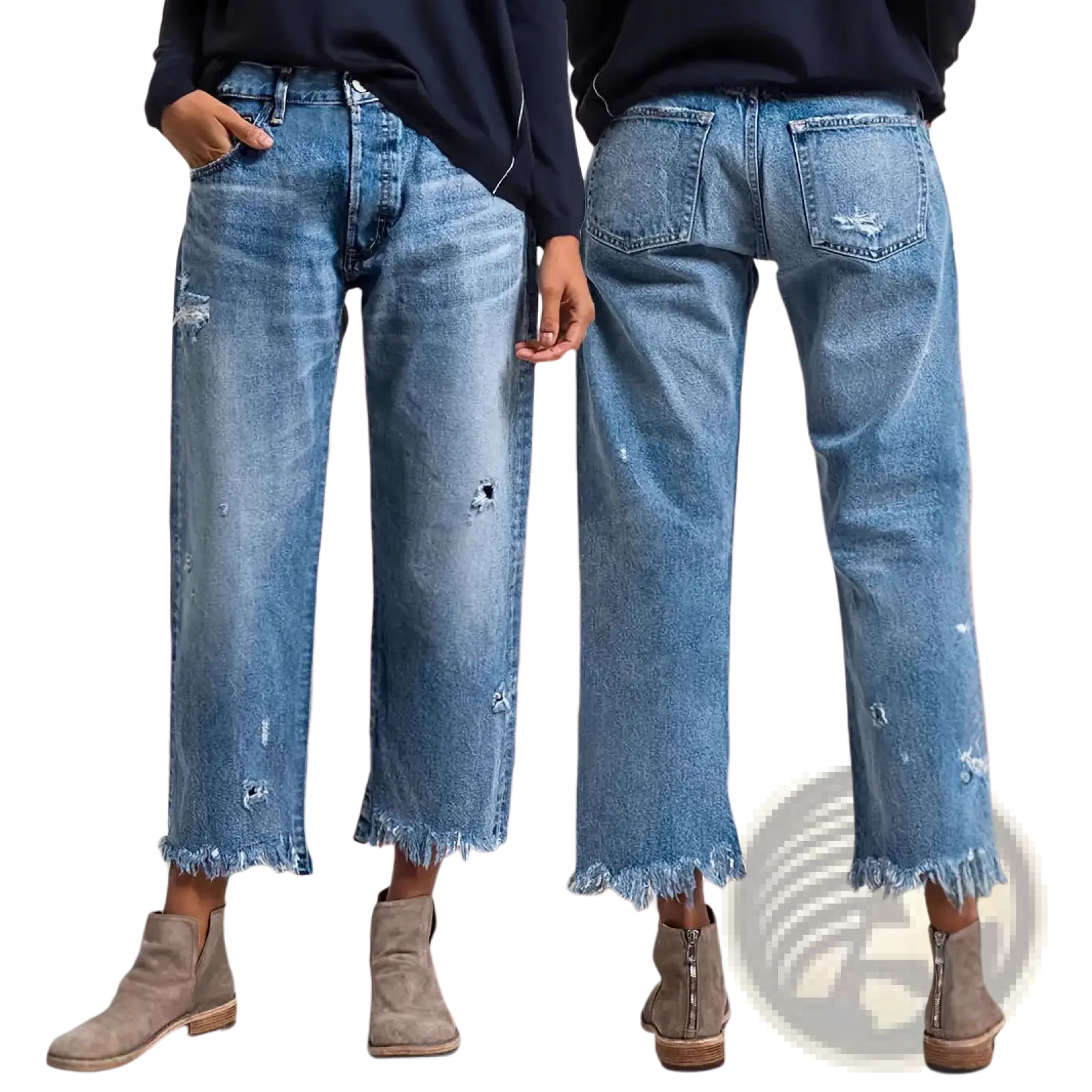 Distressed gray ripped straight jeans in blue denim with distressed patches and frayed hems for casual wear