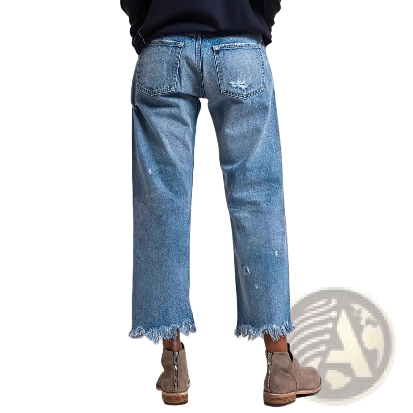 Distressed gray ripped straight jeans in light-wash denim with frayed hems and subtle distressing