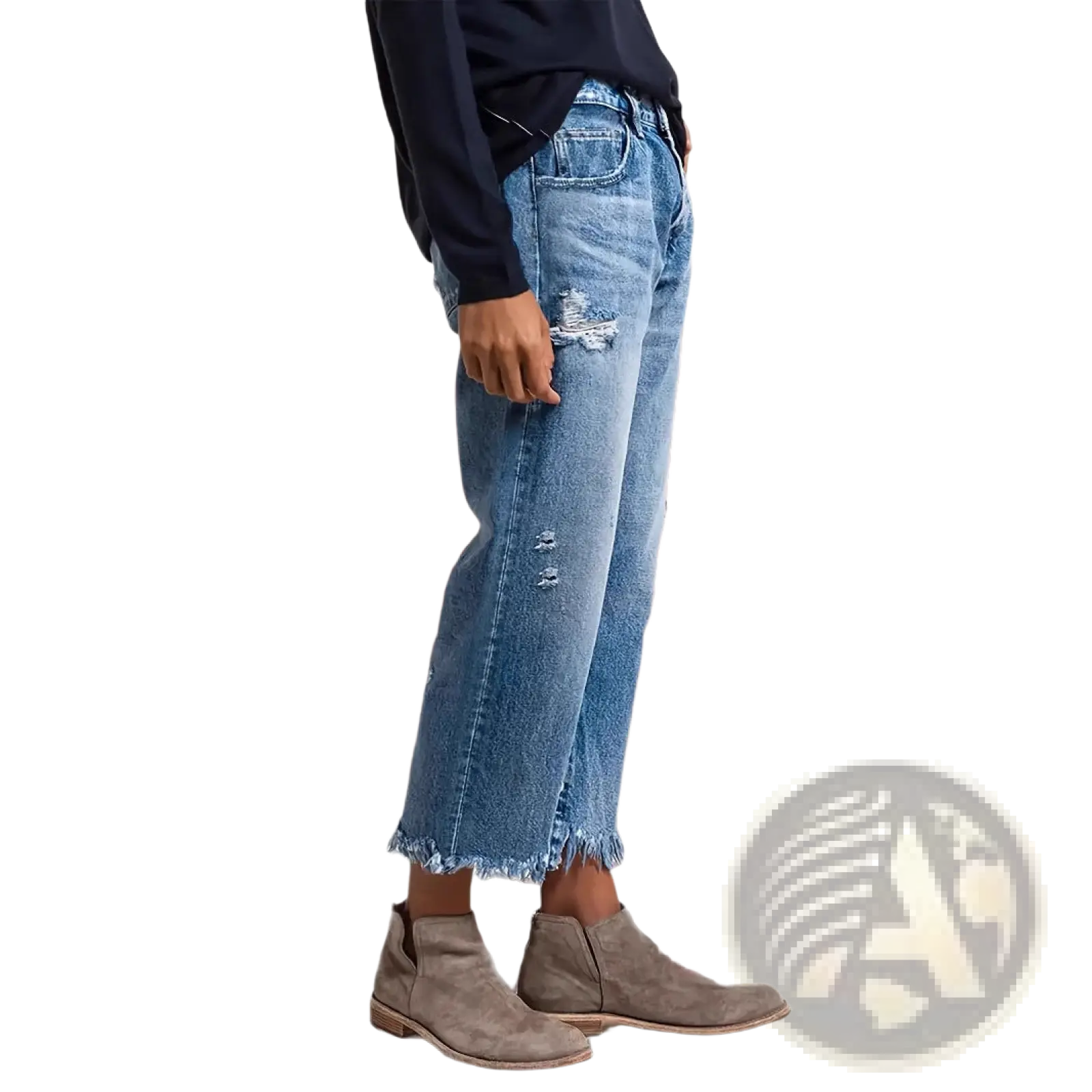 Distressed gray ripped straight jeans in medium-wash blue denim with distressed patches and a frayed hem