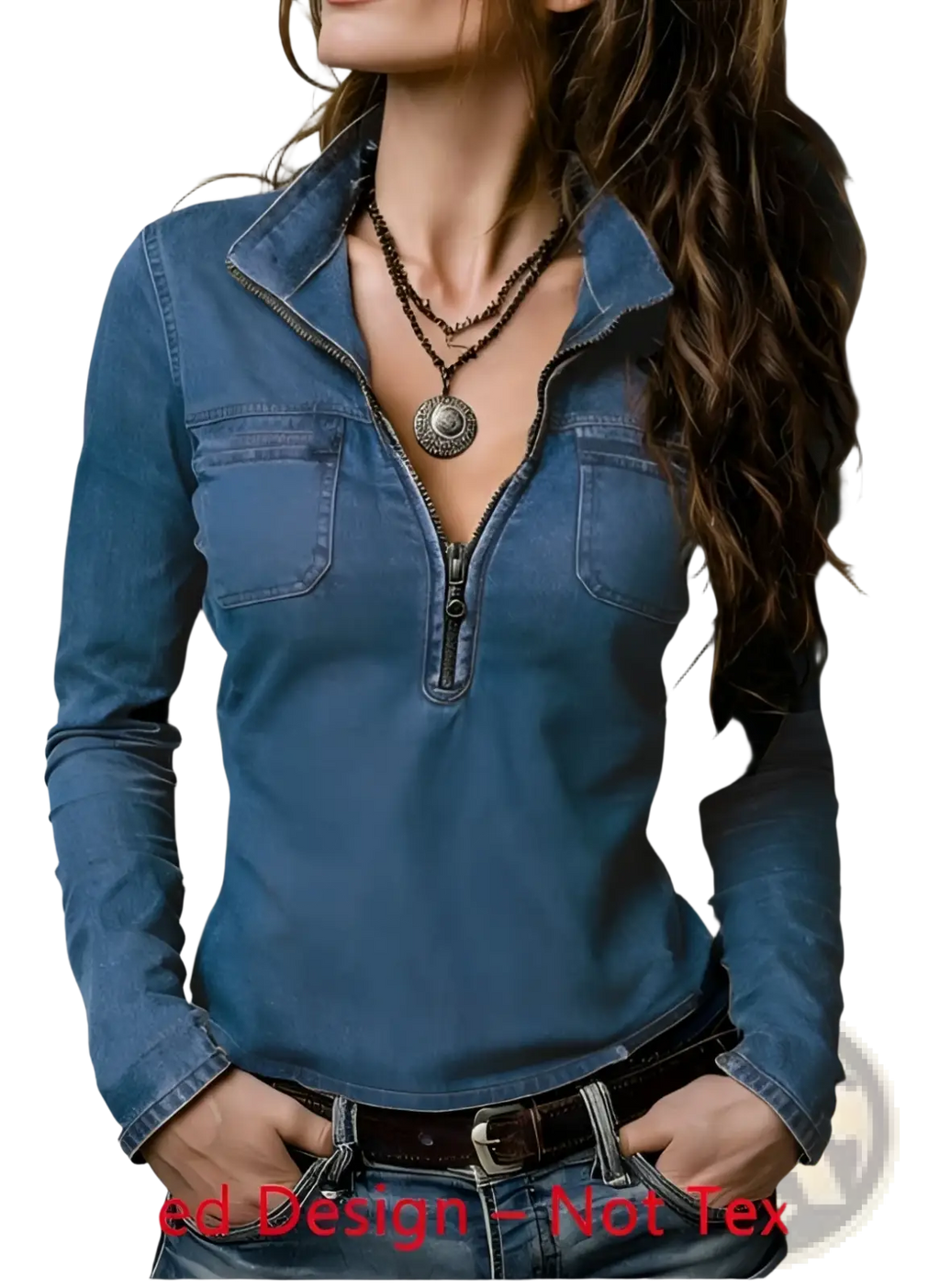 Blue denim slim retro jacket with distressed half zip front, two chest pockets, and collar