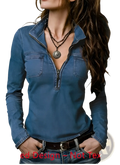 Blue denim slim retro jacket with distressed half zip front, two chest pockets, and collar
