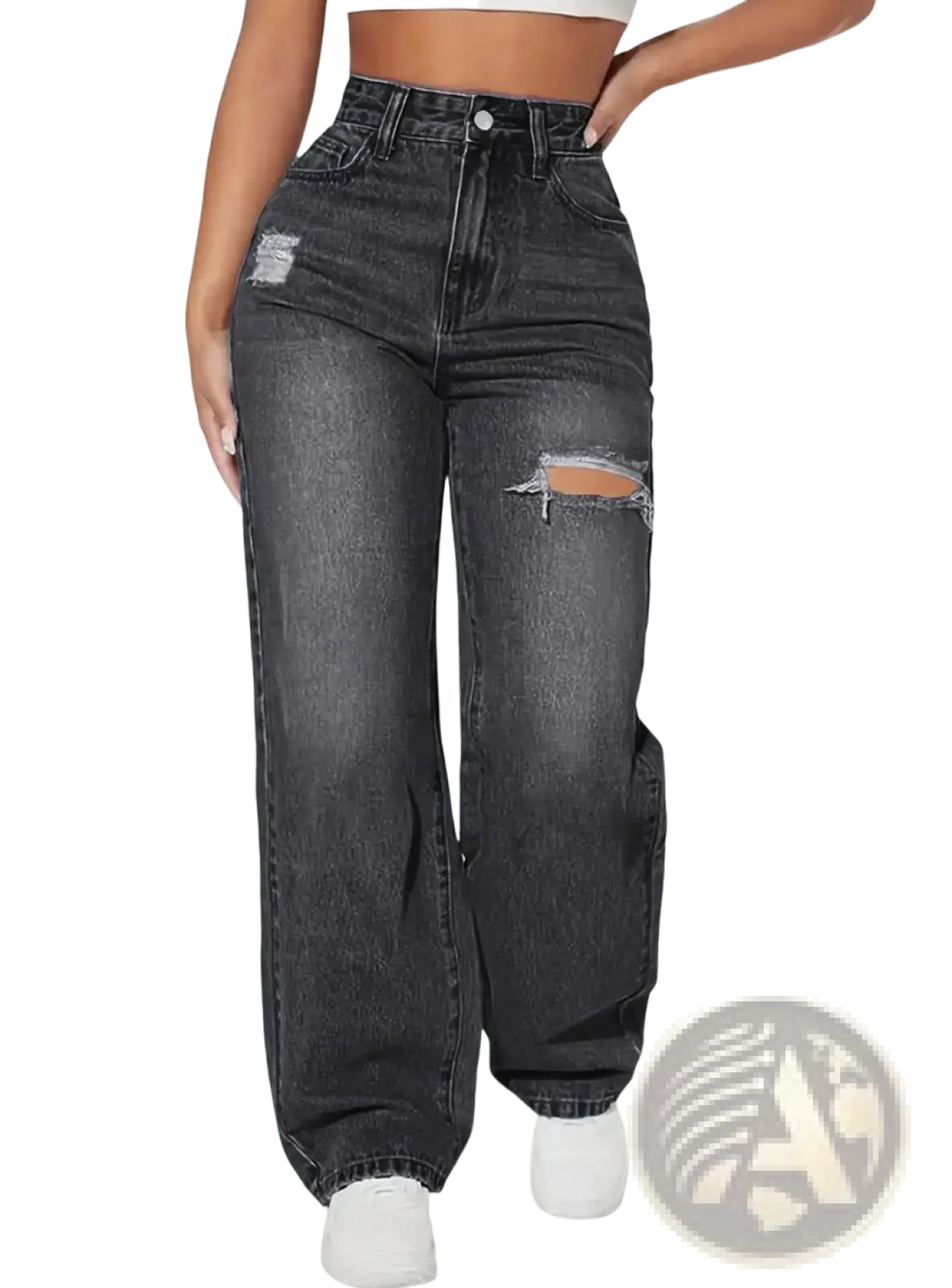 Dark gray high rise wide leg denim jeans with distressed ripped details on the thighs made of denim material