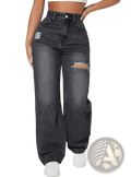 Dark gray high rise wide leg denim jeans with distressed ripped details on the thighs made of denim material