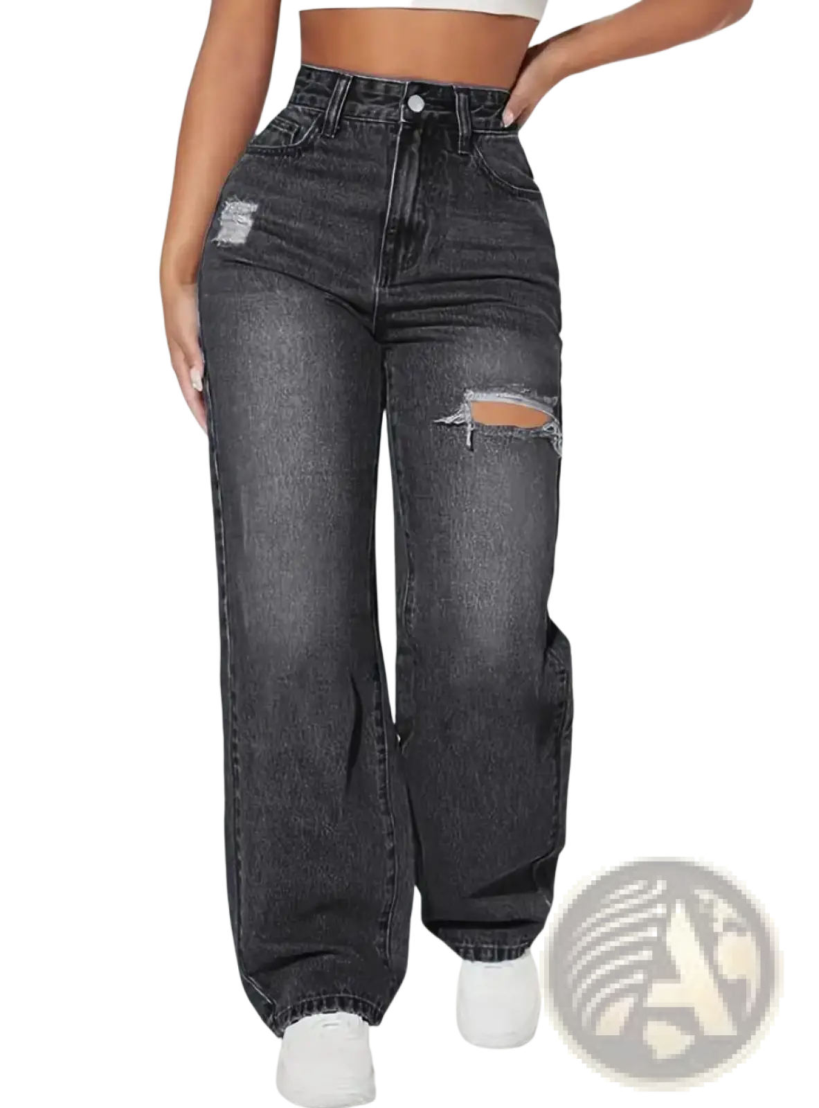 Dark gray high rise wide leg denim jeans with distressed ripped details on the thighs made of denim material