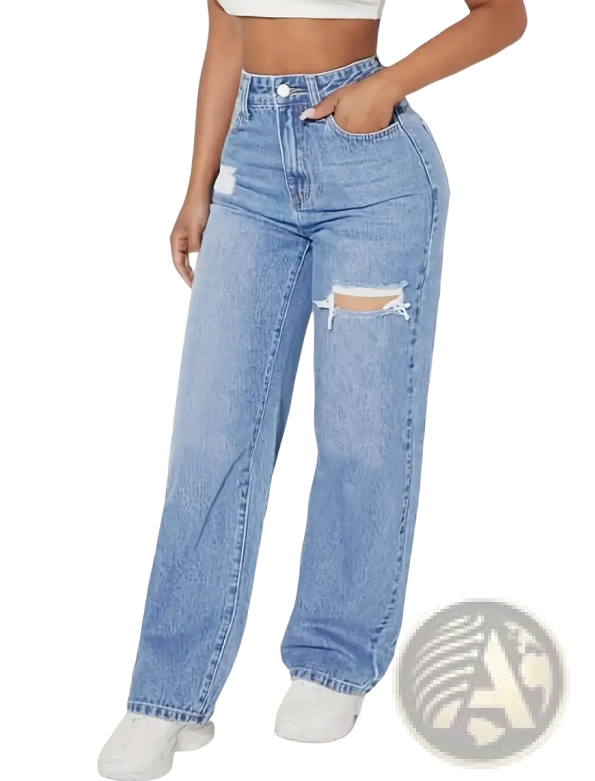 Distressed high rise wide leg denim jeans in light wash with intentional rips at the knees and a relaxed fit