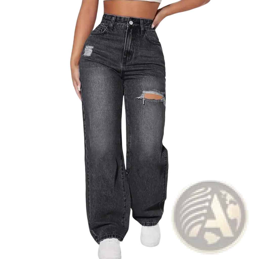 Dark gray high rise wide leg denim jeans with distressed ripped patches on the thighs in high waisted style