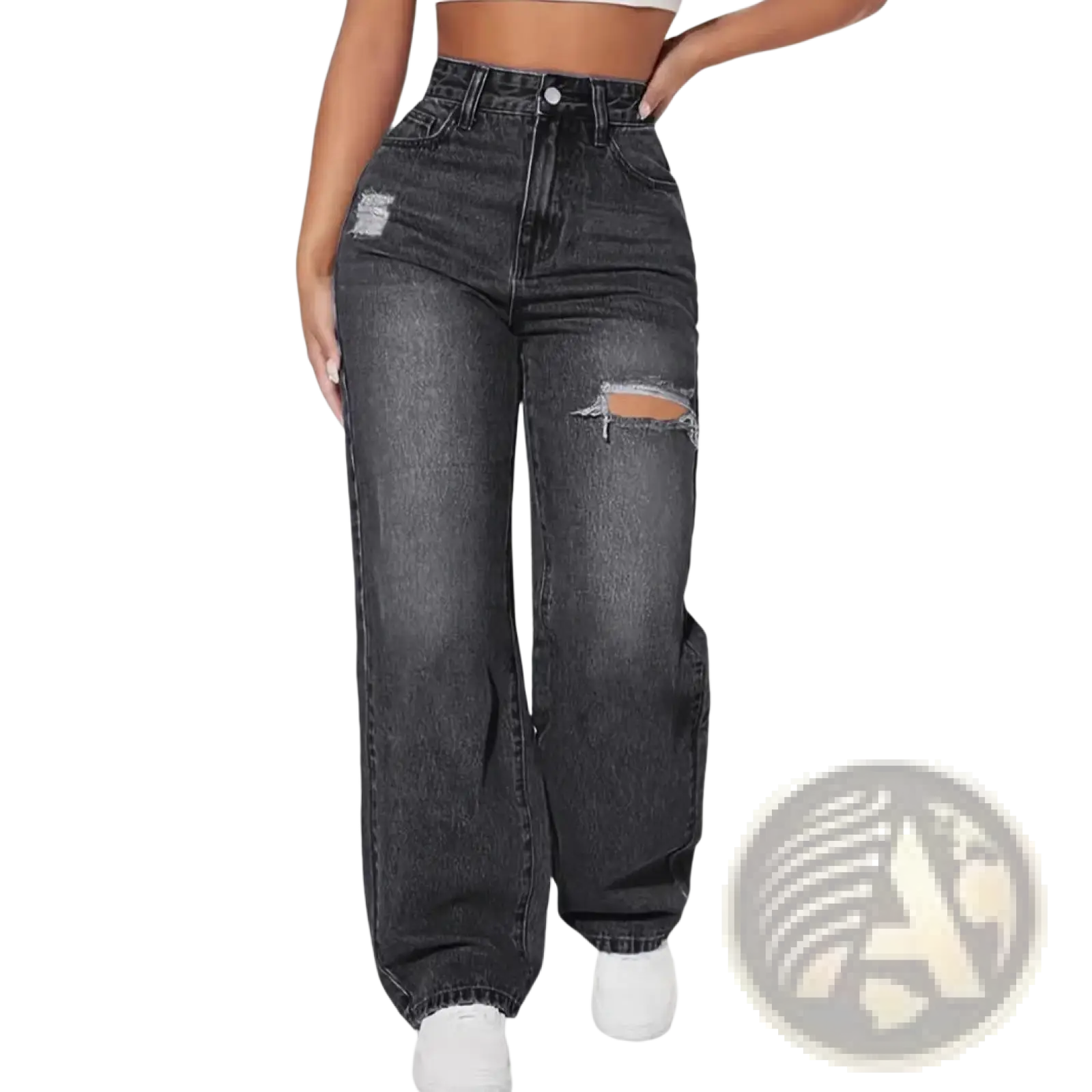Dark gray high rise wide leg denim jeans with distressed ripped patches on the thighs in high waisted style