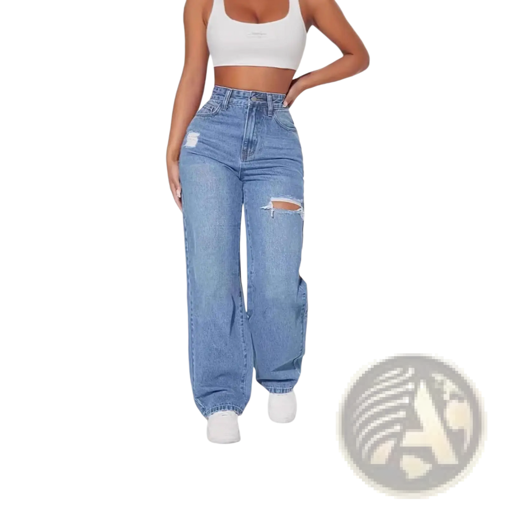 Distressed high rise wide leg denim jeans in light-wash with intentional rips at the knees