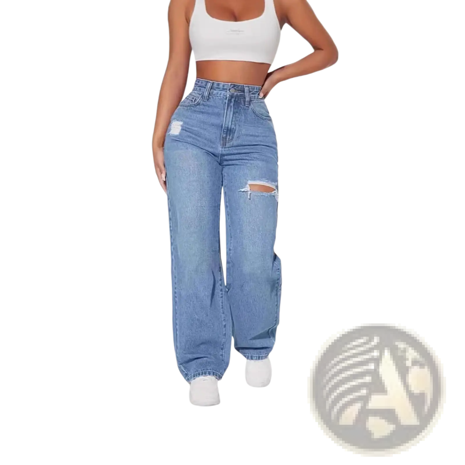 Distressed high rise wide leg denim jeans in light-wash with intentional rips at the knees