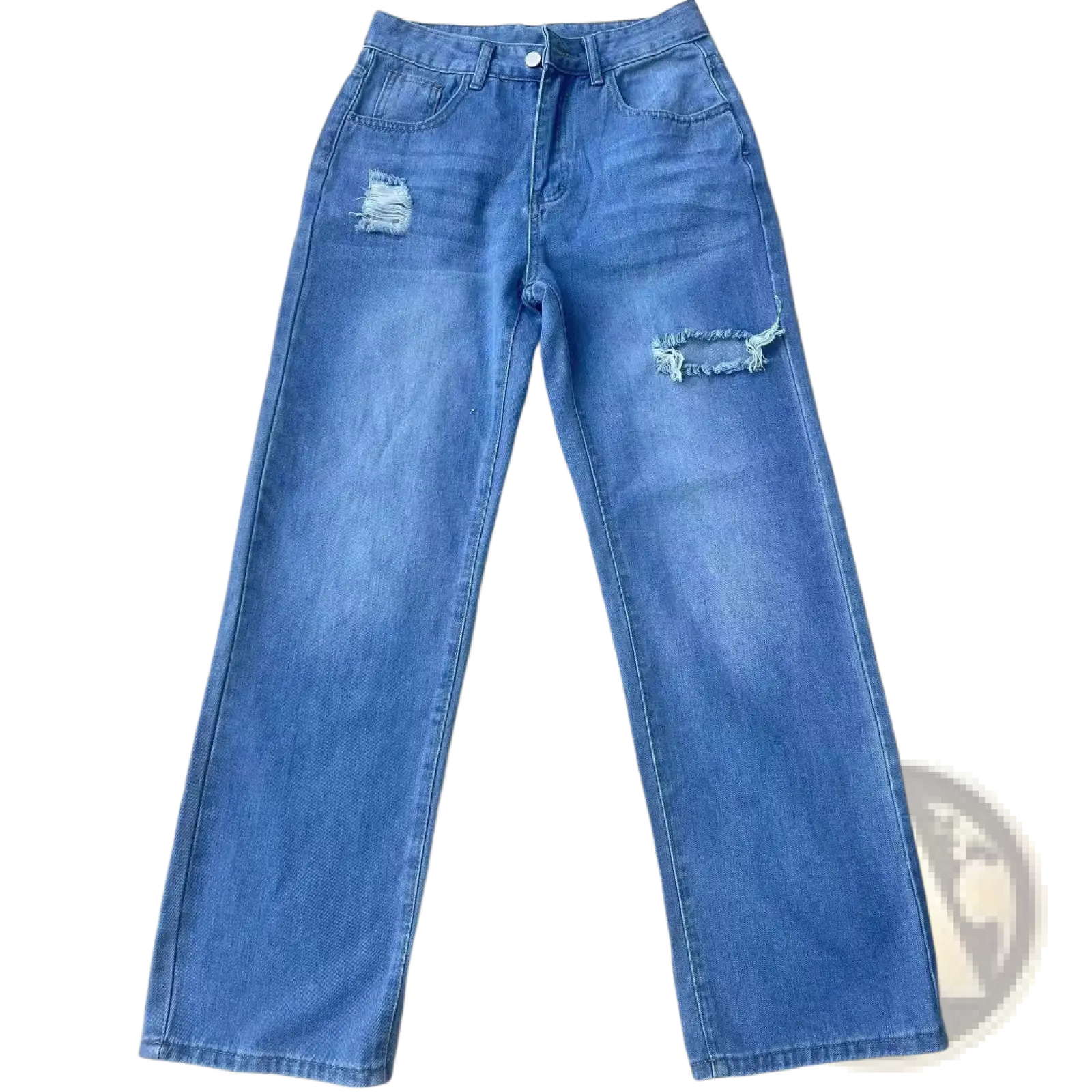 Distressed high rise wide leg denim jeans in medium-wash blue with frayed patches on the thighs