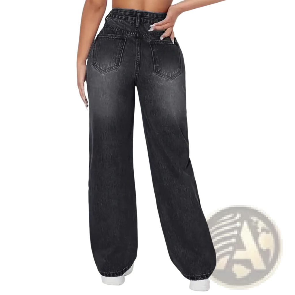 High-waisted black denim jeans with faded wash and wide-leg cut in distressed high rise style
