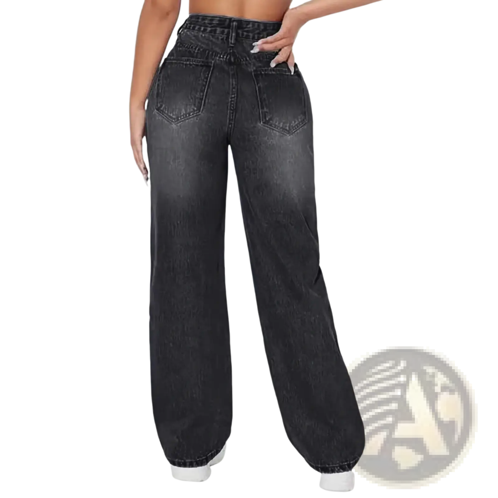 High-waisted black denim jeans with faded wash and wide-leg cut in distressed high rise style